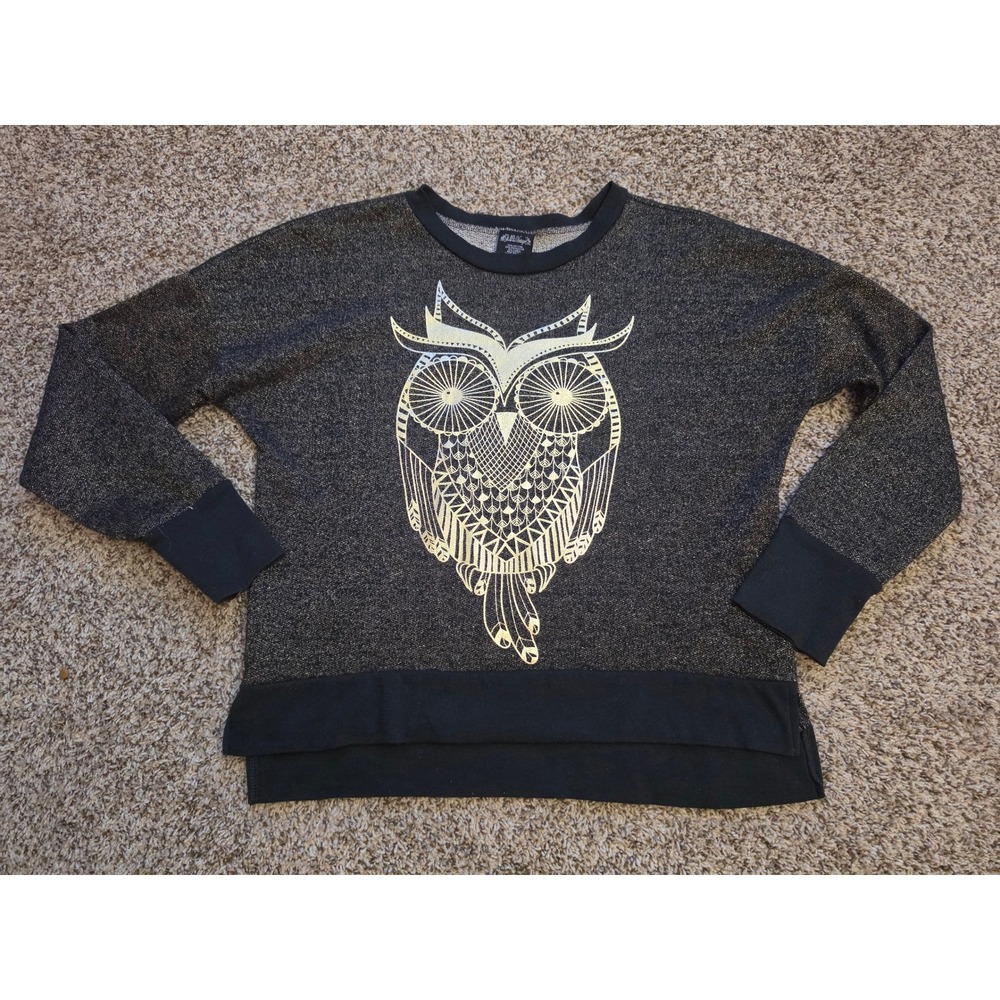 LOL Vintage Black Gold Metallic Owl Graphic Sweatshirt Lurex Shimmer Large - Picture 7 of 8